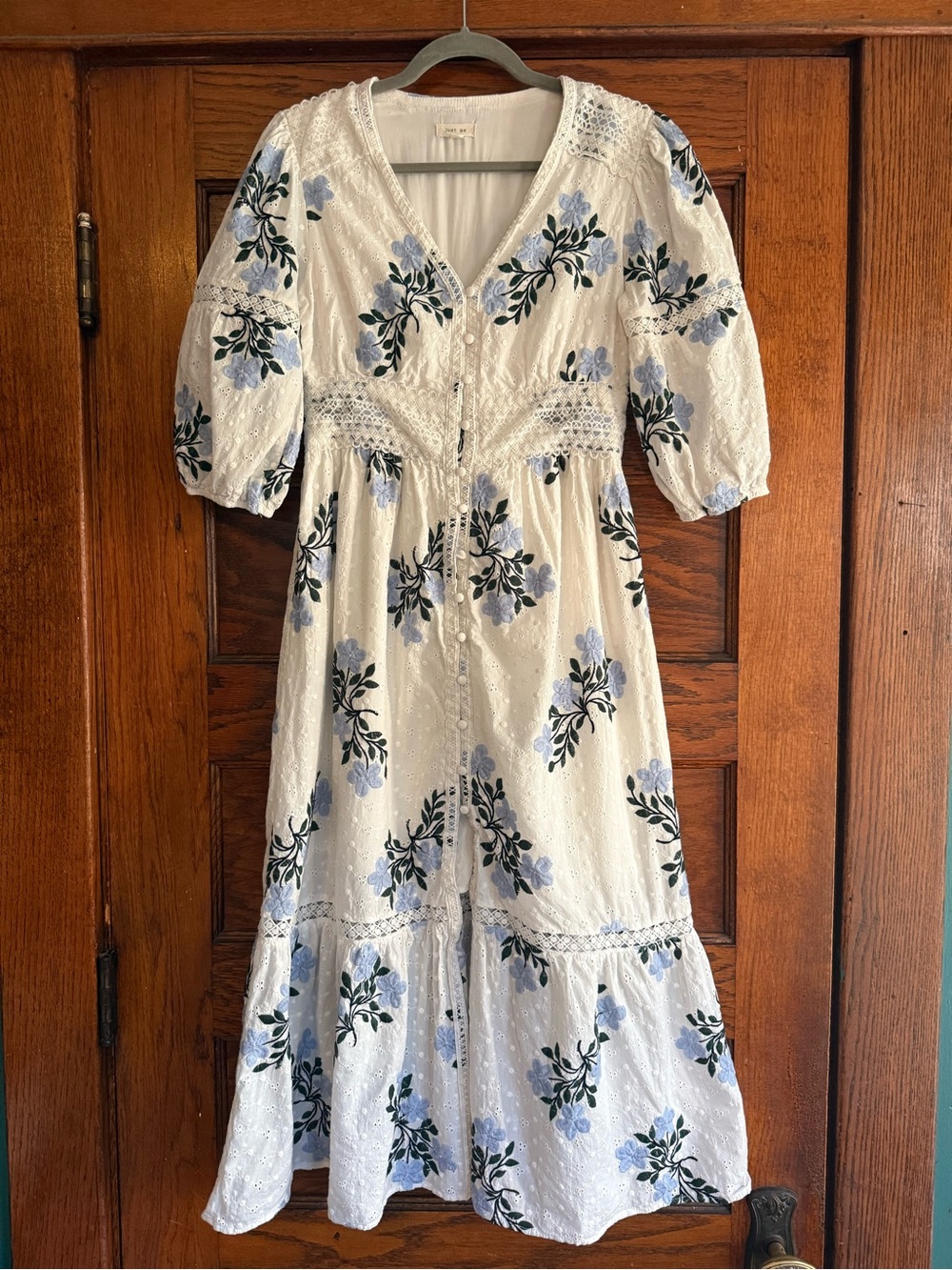100% Cotton Embroidered Floral Puff Sleeve Midi Dress Button Front Cottagecore S